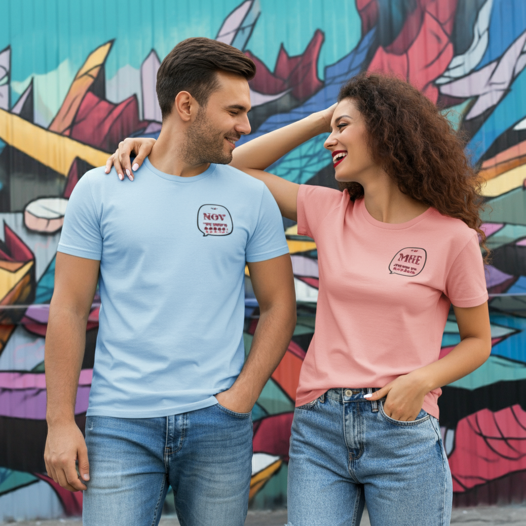 Happy young couple wearing matching stylish t-shirts, smiling at each other in front of a vibrant and colorful street art mural, radiating love and joy.