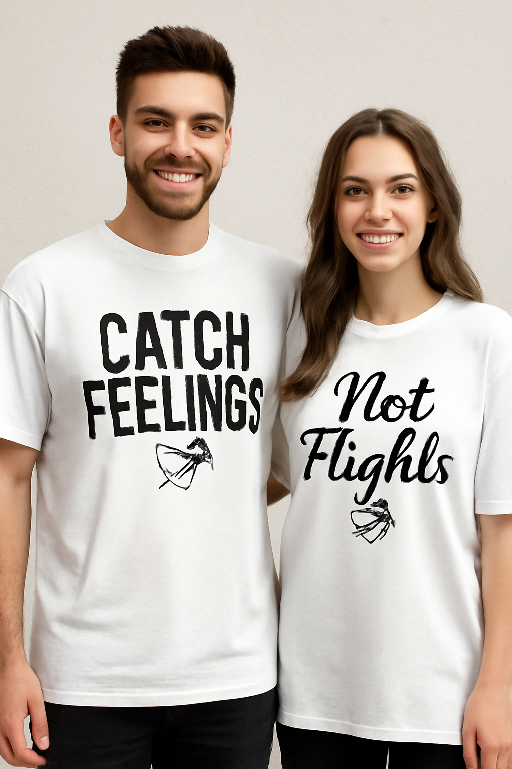 White unisex oversized couple T-shirt combo mockup featuring the quote 'Caught Feelings, Not Flights,' designed for young couples.