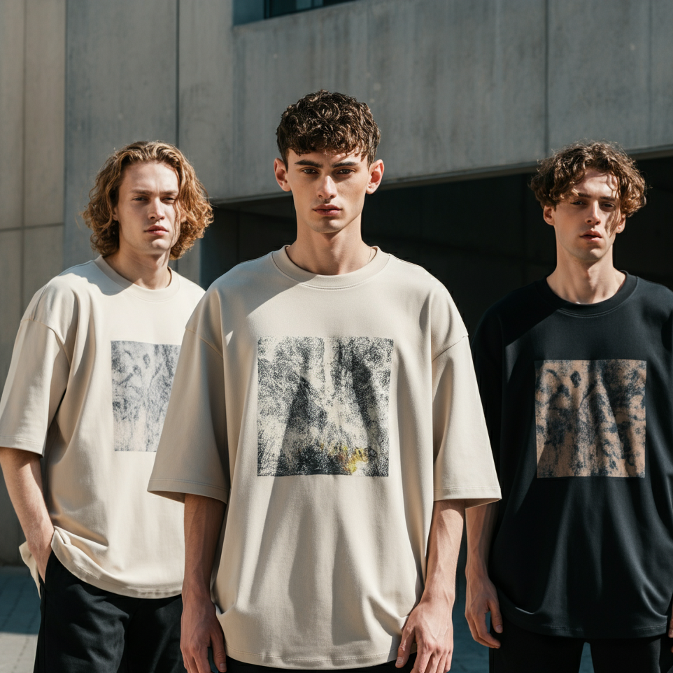 High-resolution lifestyle banner image featuring three stylish young men wearing oversized printed t-shirts in white, beige, and black. The models stand confidently in an urban street setting, showcasing modern and edgy streetwear designs. The background features neutral tones, with natural daylight and soft shadows creating a contemporary fashion campaign vibe.