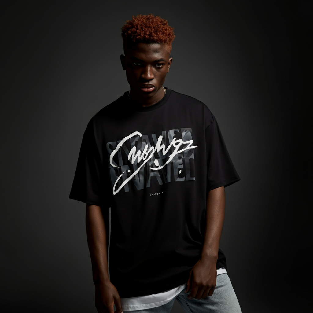 Fashion editorial image of a bold young model wearing an oversized printed t-shirt with large typography, set against a minimal dark studio background. The model strikes a confident, expressive pose, showcasing modern streetwear style.