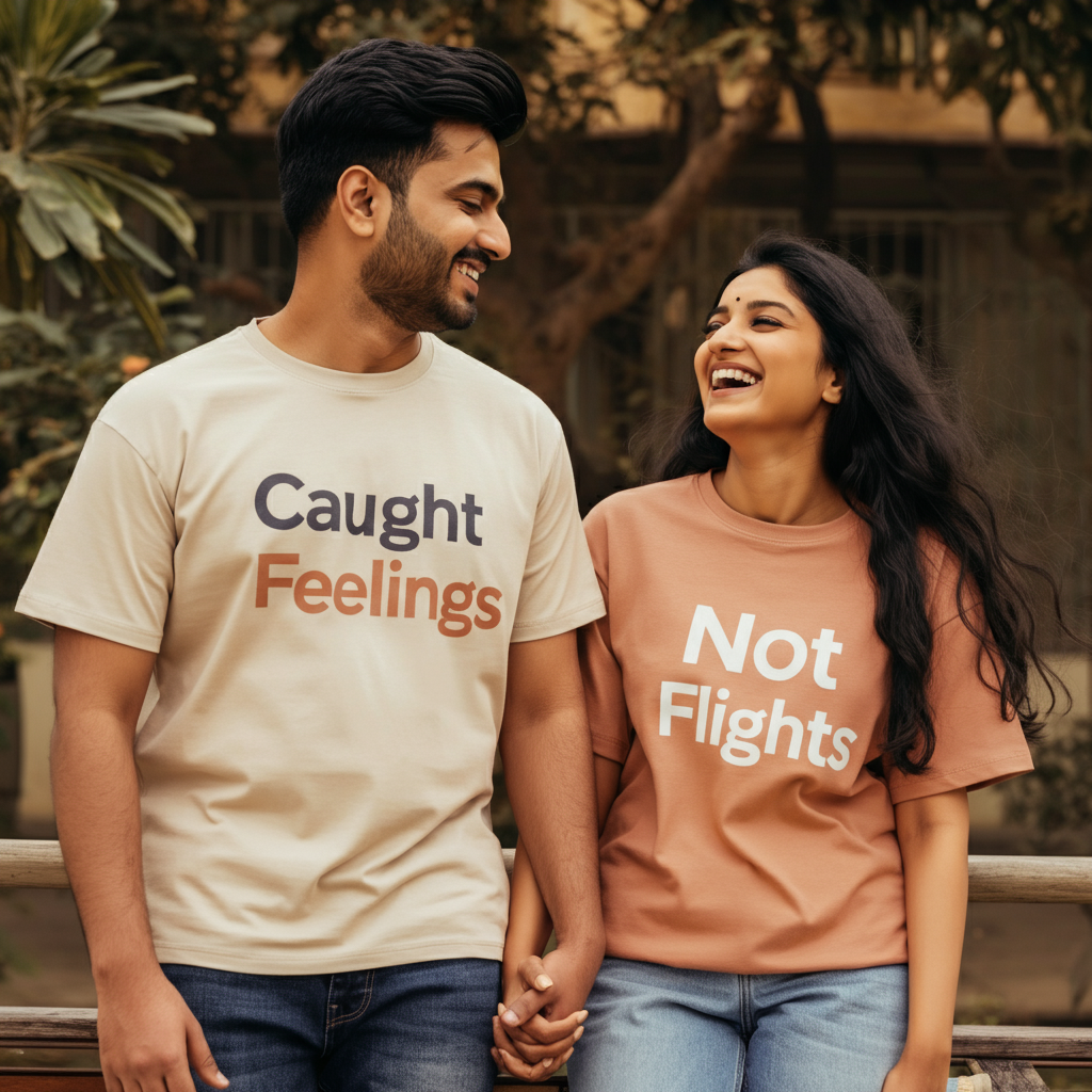 High-resolution lifestyle image of a young North Indian couple in their 20s wearing oversized printed t-shirts with bold, large text. The man's shirt reads 'Caught Feelings' and the woman's shirt reads 'Not Flights.' The couple appears naturally affectionate, holding hands and smiling in a romantic, modern setting with a minimal background. The t-shirts are soft-colored with large, readable typography.