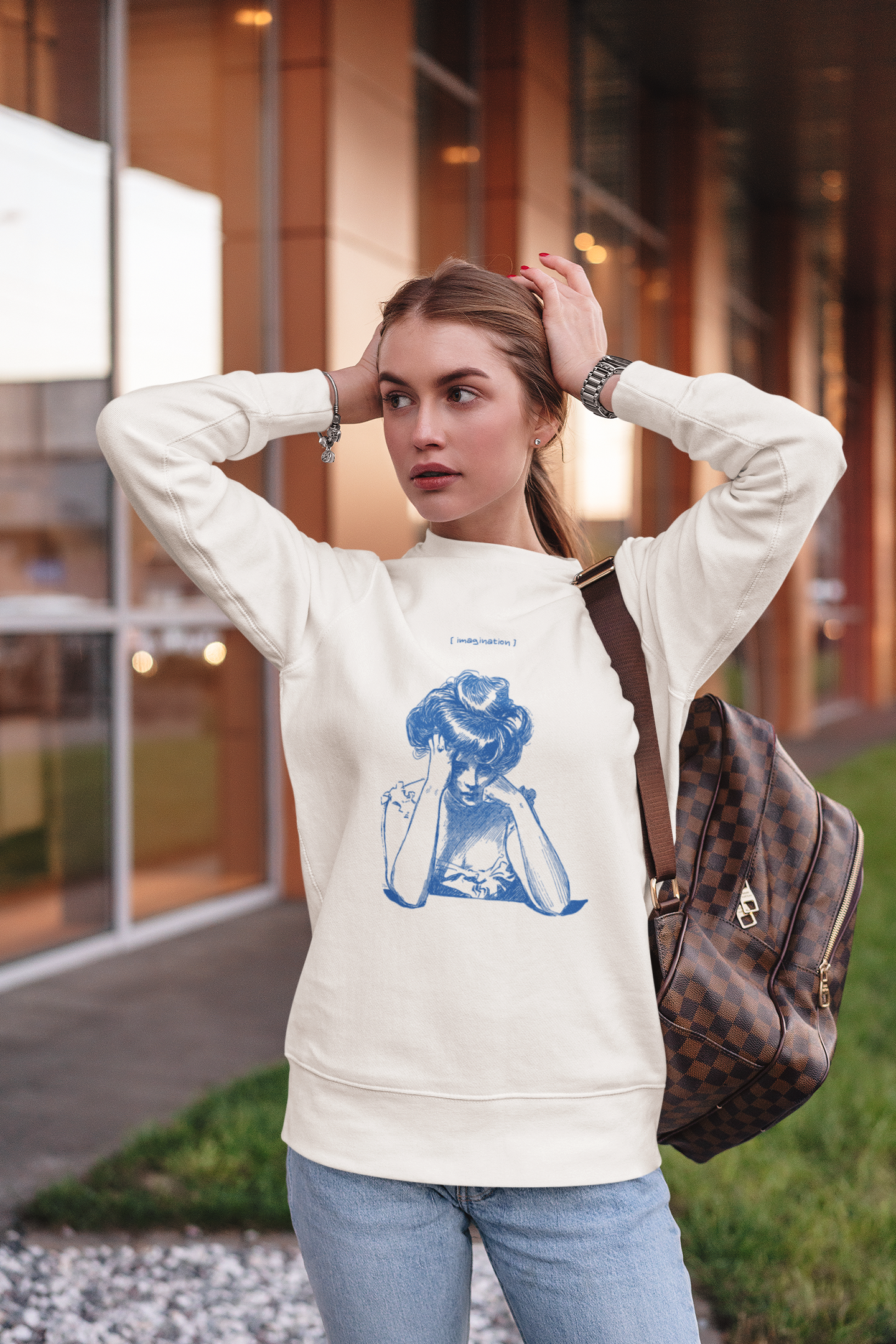 Women's White Imagination Girl Printed Oversized Sweatshirt