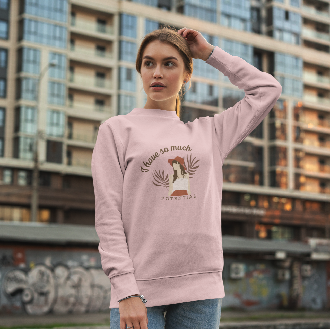 Women's Self Love Graphic Printed Cotton Blend Round Neck Regular Fit Sweatshirt - White, BabyPink