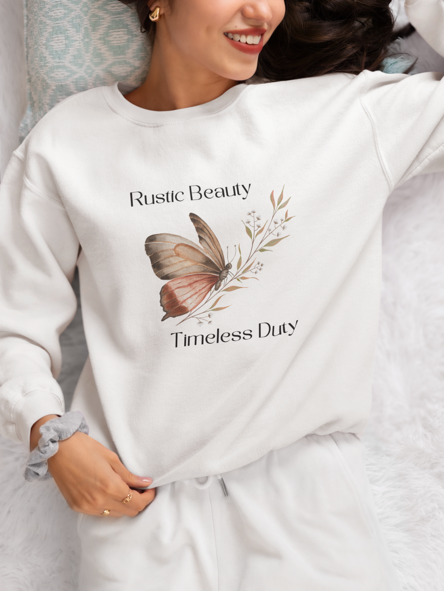 Women's White Cotton Round Neck Regular Fit Sweatshirt | Full Sleeves and Butterfly Printed