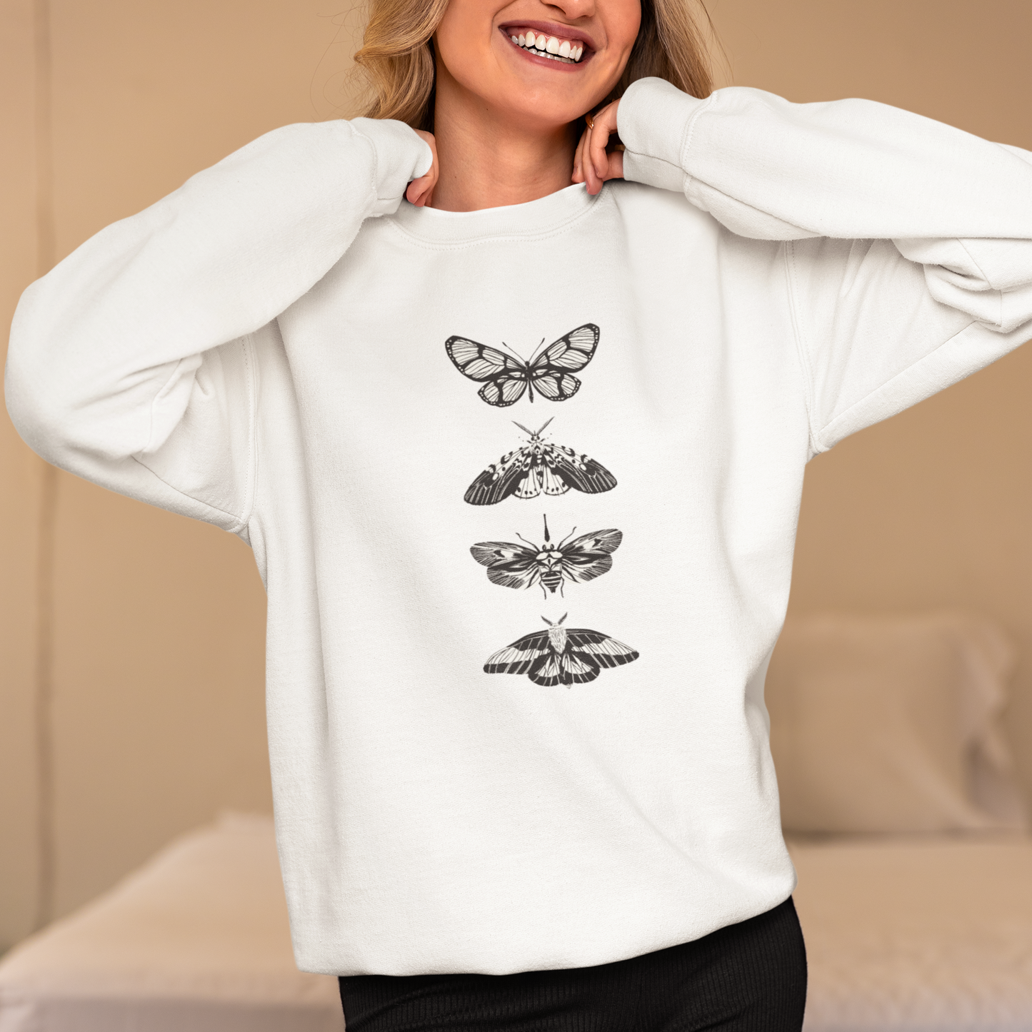 Women's Boyfriend/Loose Fit Full Sleeve Drop Shoulder Round Neck Butterfly Printed Sweatshirt - White