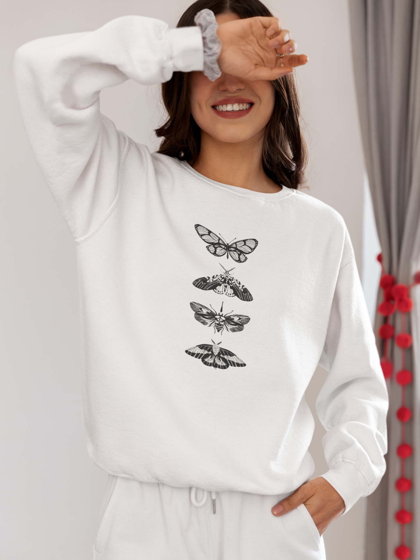 Women's Boyfriend/Loose Fit Full Sleeve Drop Shoulder Round Neck Butterfly Printed Sweatshirt - White