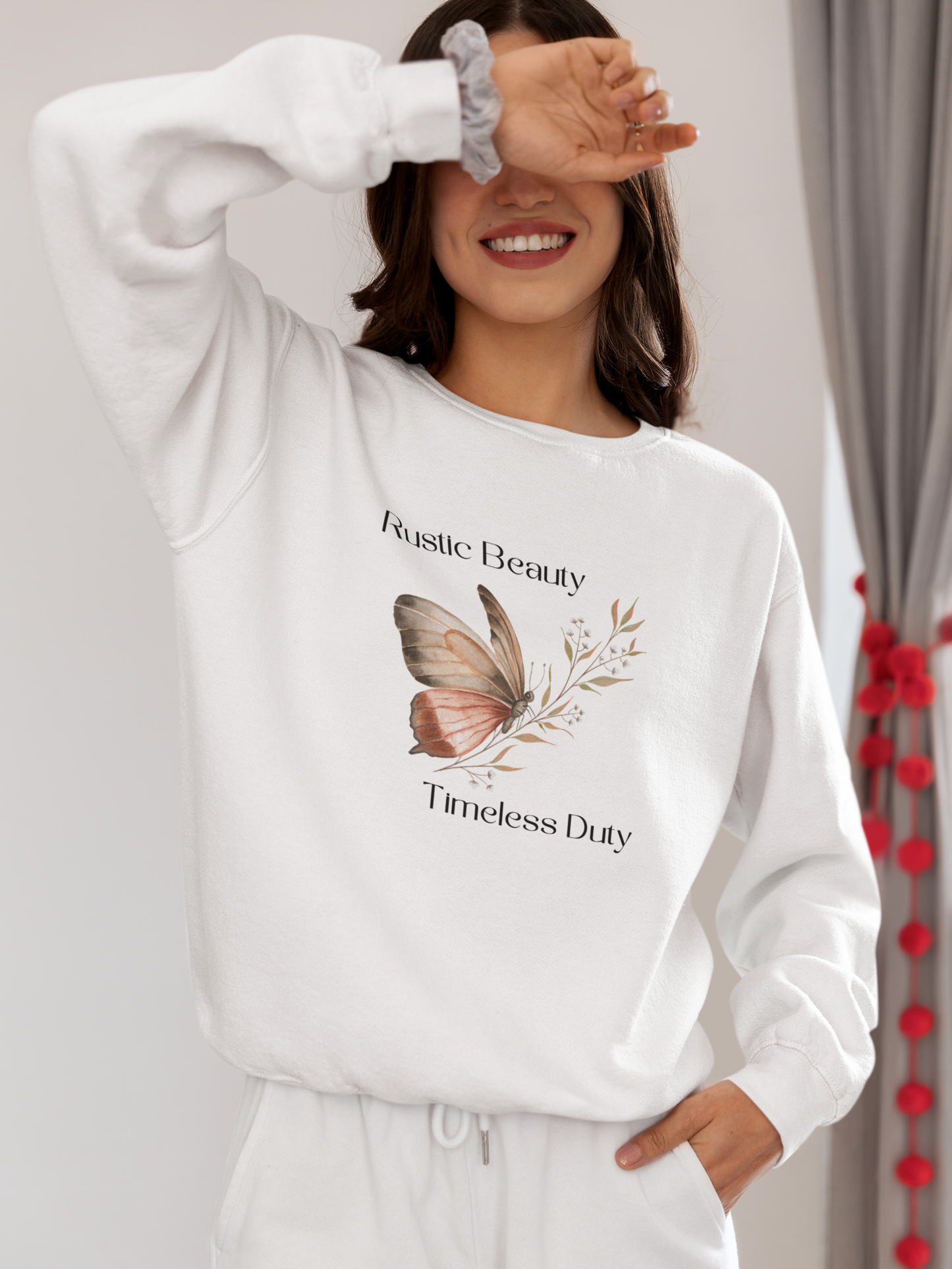 Women's White Cotton Round Neck Regular Fit Sweatshirt | Full Sleeves and Butterfly Printed