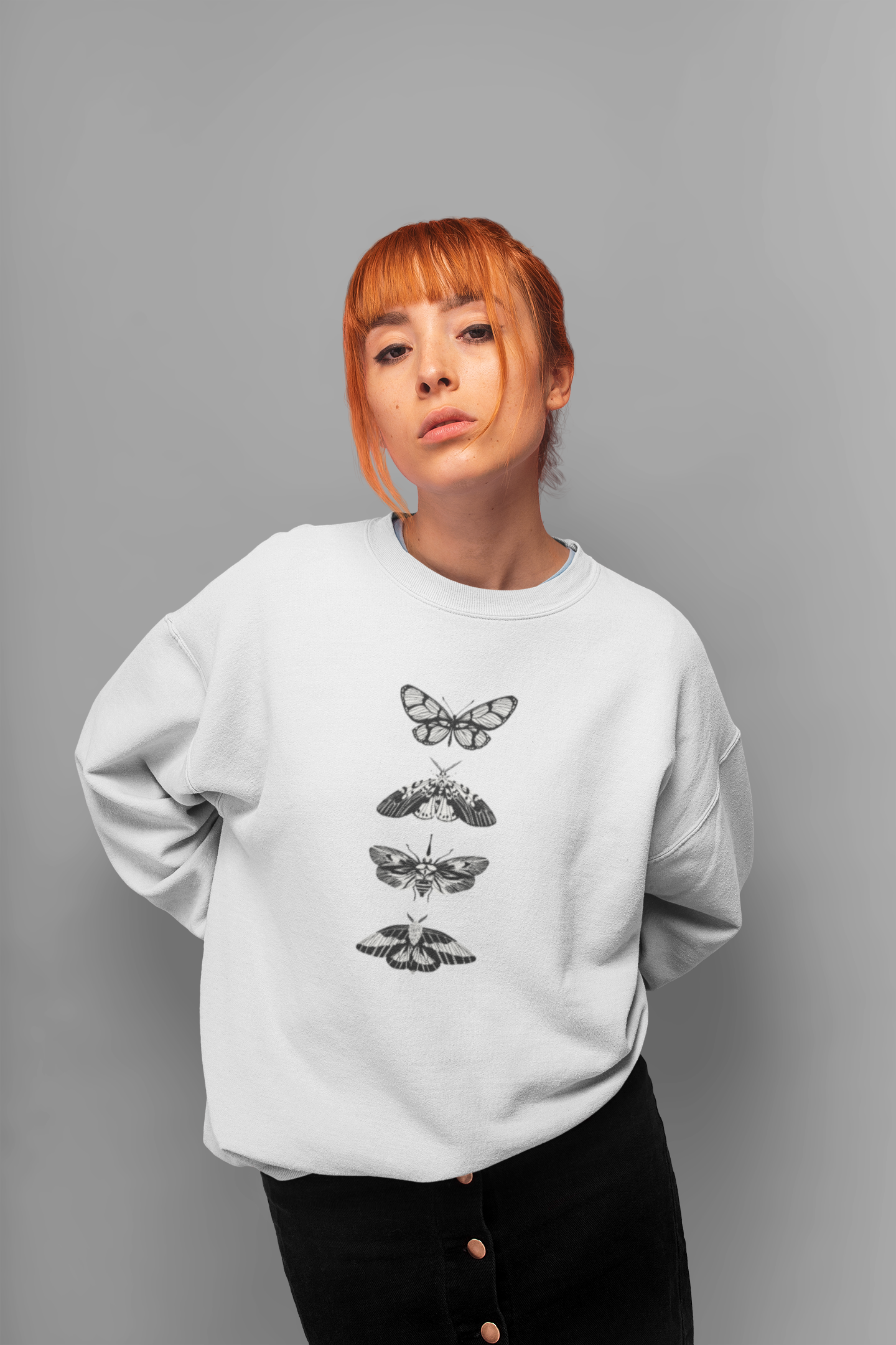 Women's Boyfriend/Loose Fit Full Sleeve Drop Shoulder Round Neck Butterfly Printed Sweatshirt - White