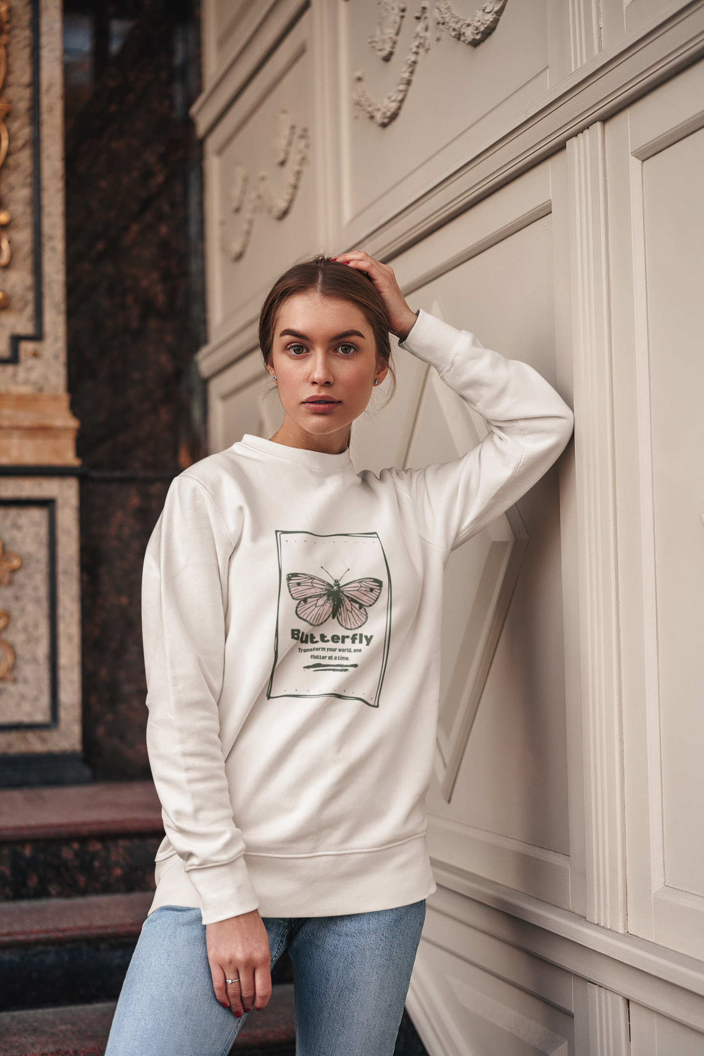 Women's Butterfly Graphic Printed Oversized Sweatshirt - BabyPink, White