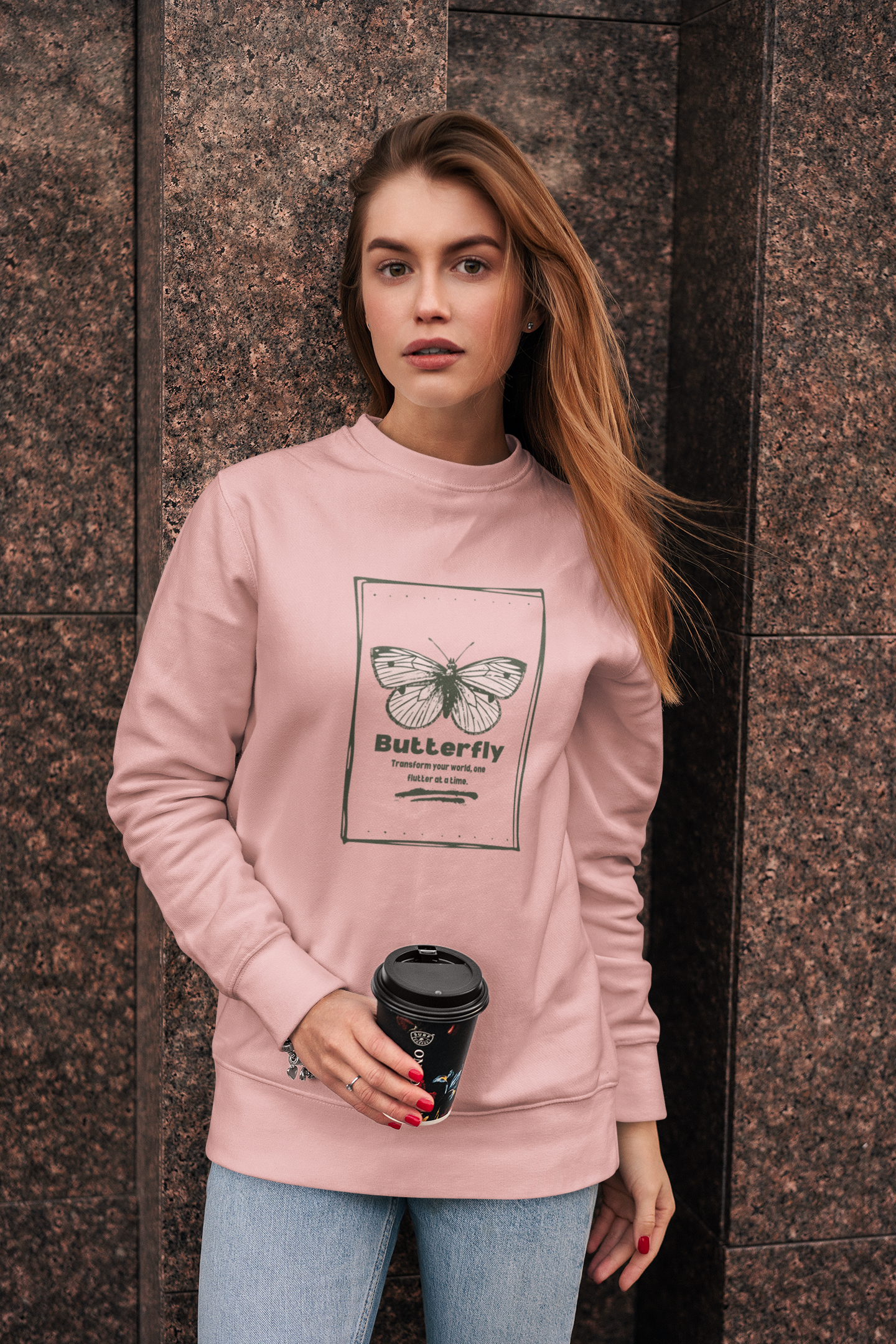 Women's Butterfly Graphic Printed Oversized Sweatshirt - BabyPink, White