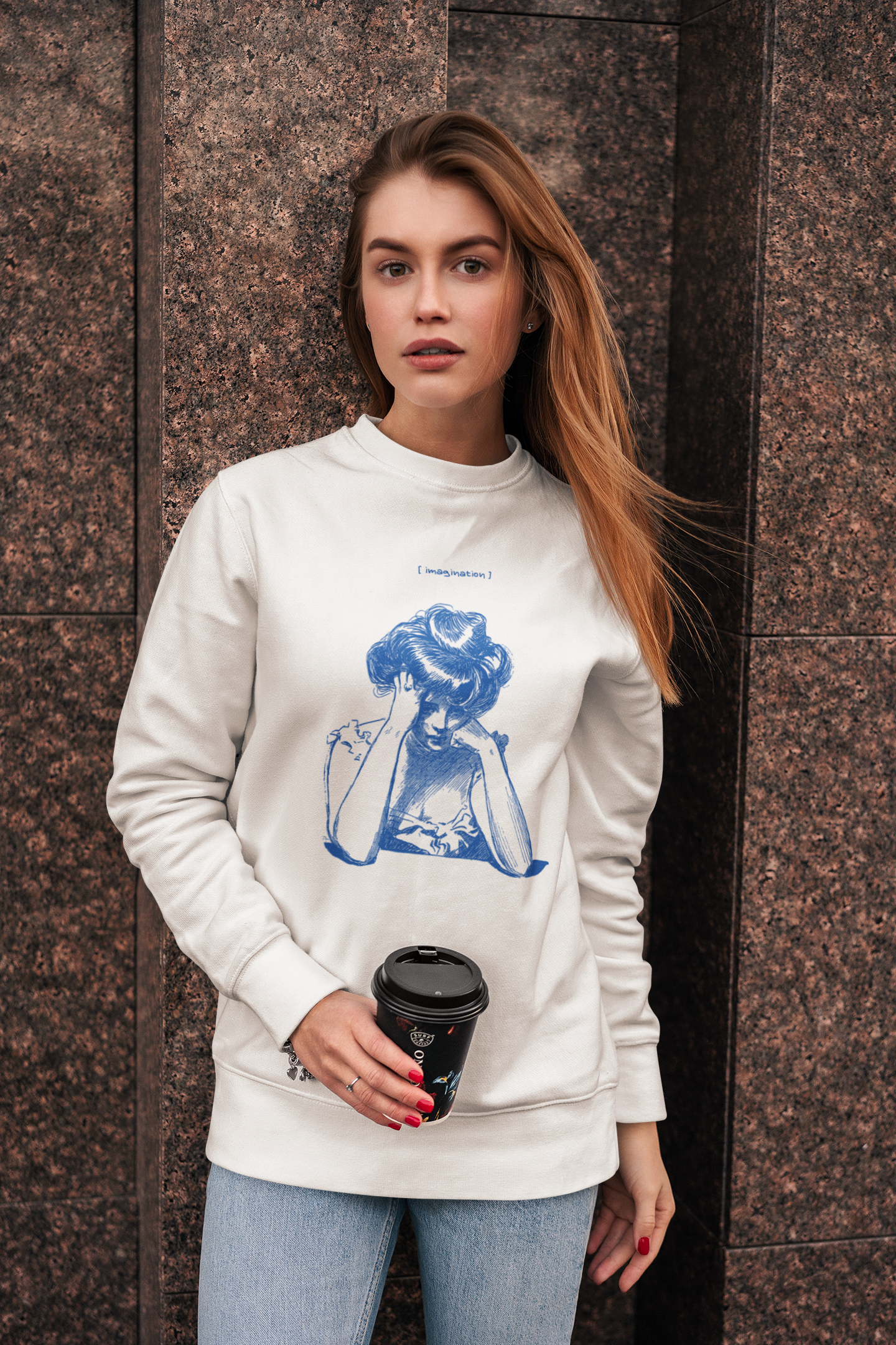 Women's White Imagination Girl Printed Oversized Sweatshirt