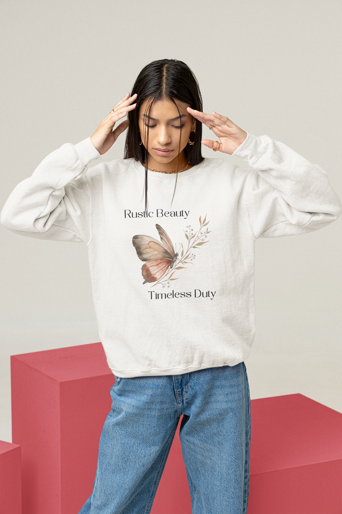 Women's White Cotton Round Neck Regular Fit Sweatshirt | Full Sleeves and Butterfly Printed