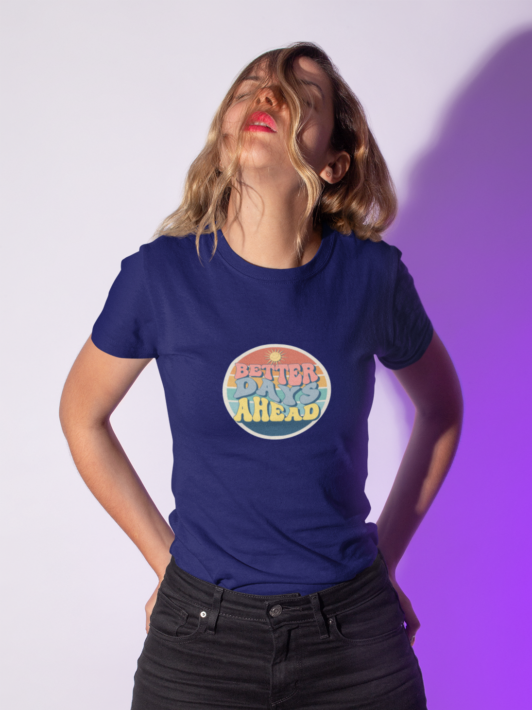 Women Printed Round Neck Cotton Blend Black T-Shirt - Black, Yellow, NavyBlue