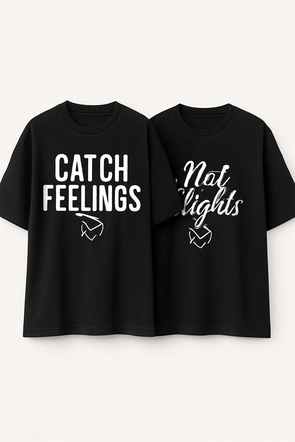 Plain black mockup of a unisex oversized couple T-shirt combo, highlighting a sleek and stylish design for couples.