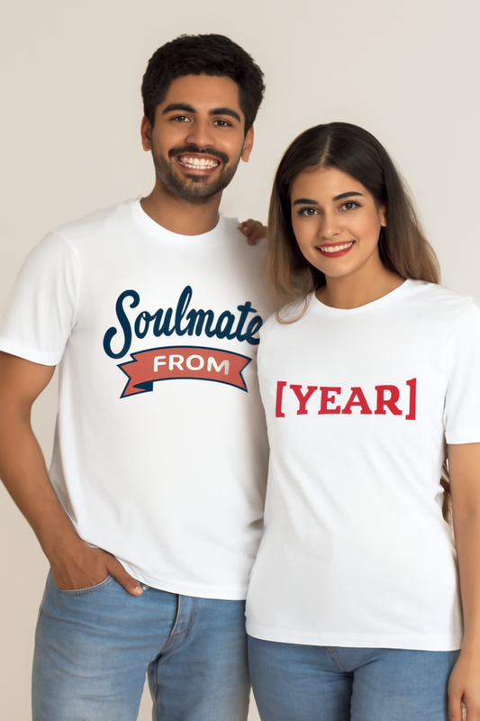 Male T-shirt with 'Soulmate From' design, customizable with your special year, displayed on a premium cotton fabric