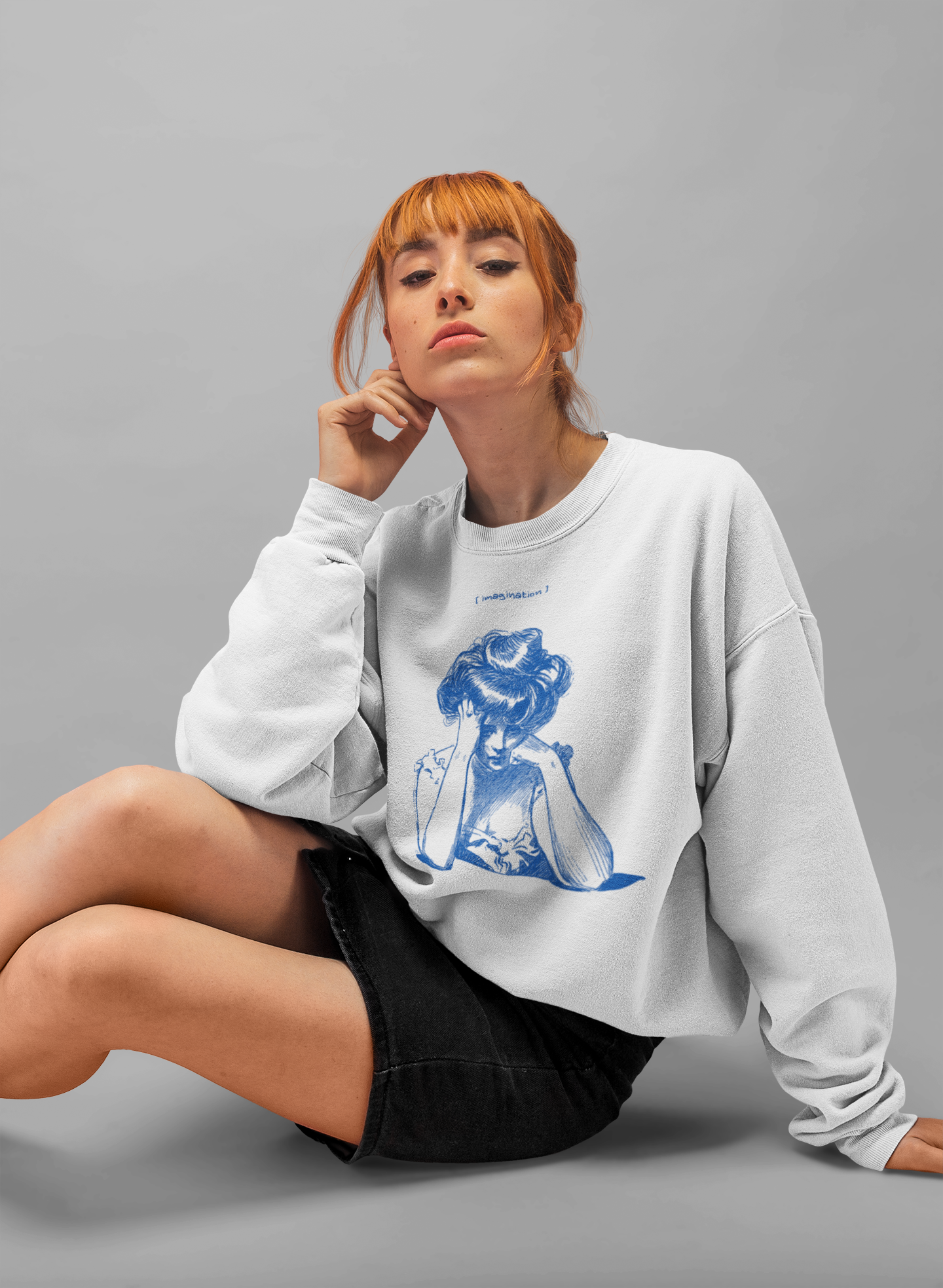 Women's White Imagination Girl Printed Oversized Sweatshirt