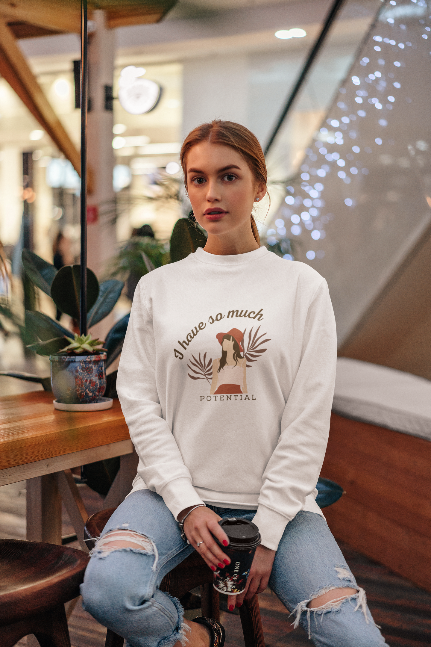 Women's Self Love Graphic Printed Cotton Blend Round Neck Regular Fit Sweatshirt - White, BabyPink