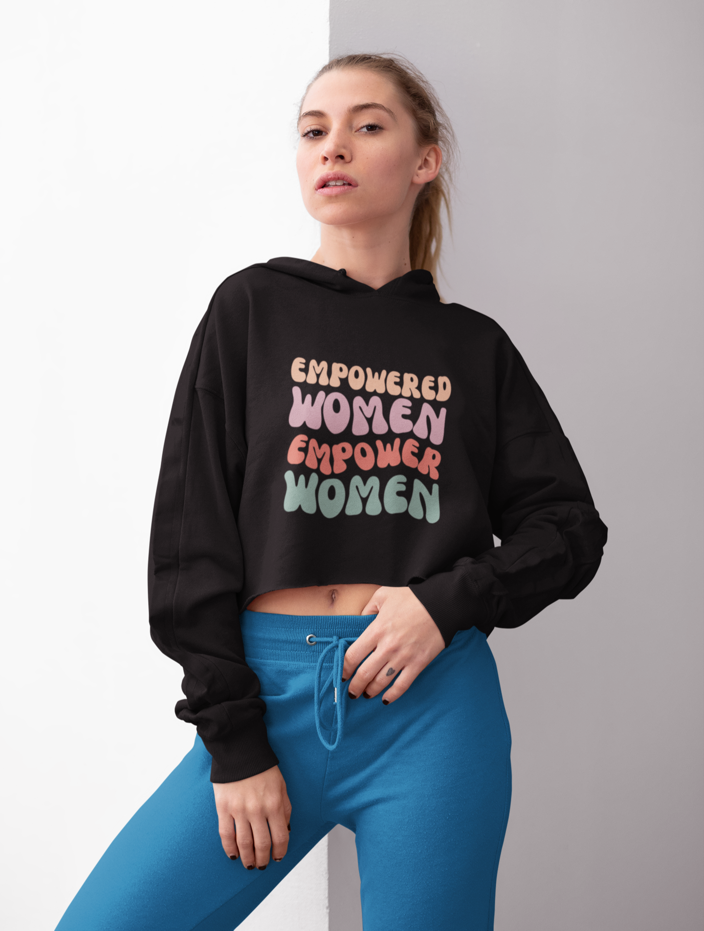Women Black Hooded Crop Sweatshirt