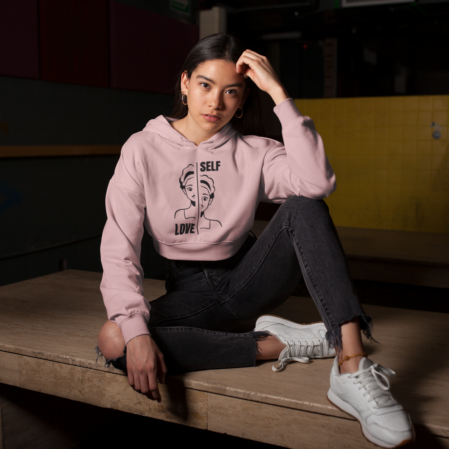 Women's Light Pink Crop Hooded Sweatshirt