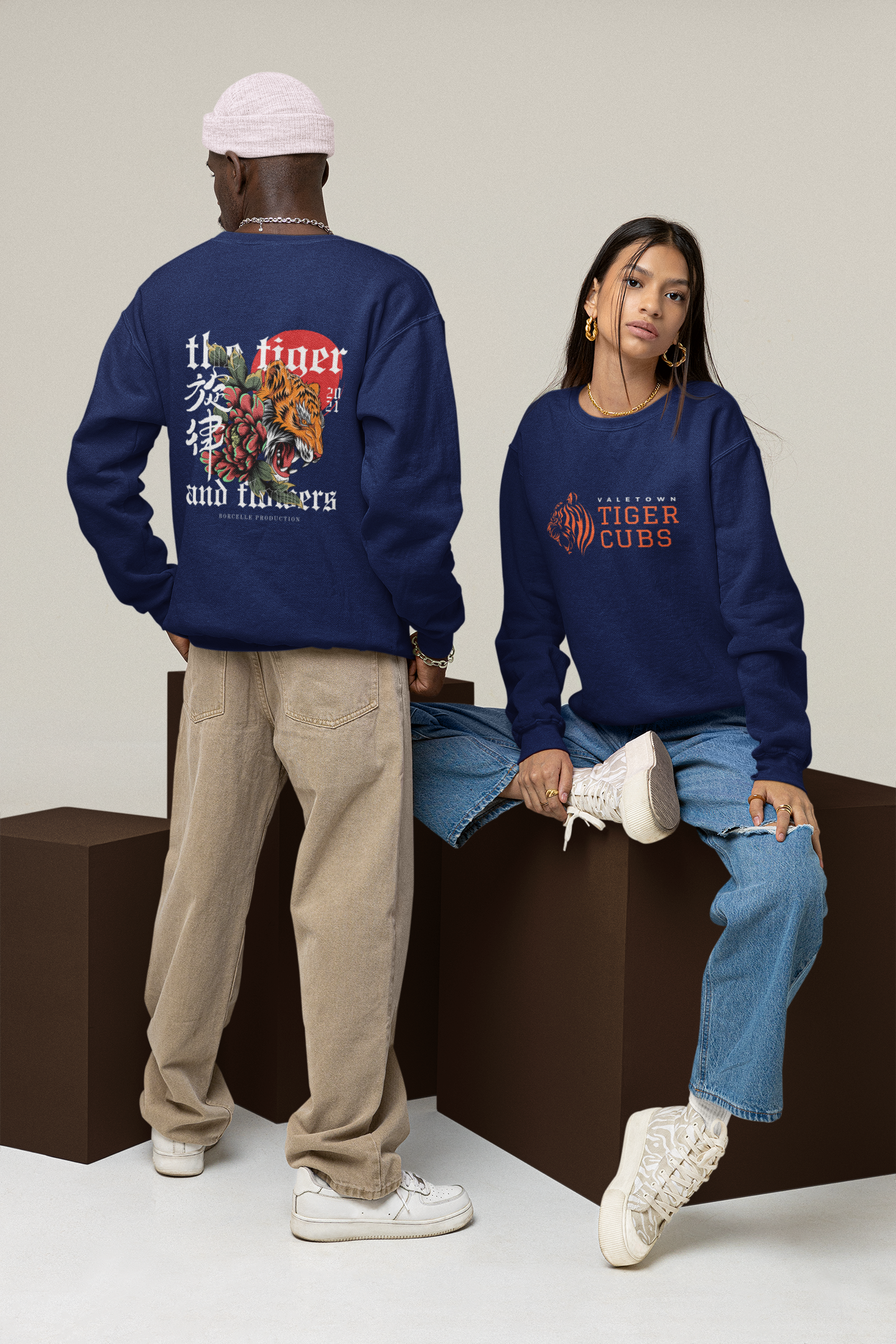 Oversized Fit Full Sleeve Ribbed Unisex Sweatshirt - Black, NavBlue