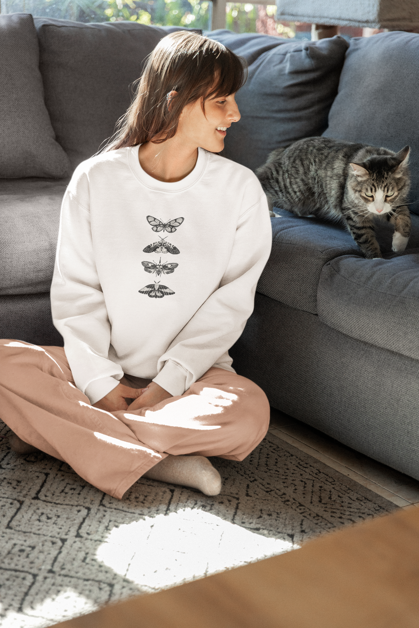 Women's Boyfriend/Loose Fit Full Sleeve Drop Shoulder Round Neck Butterfly Printed Sweatshirt - White