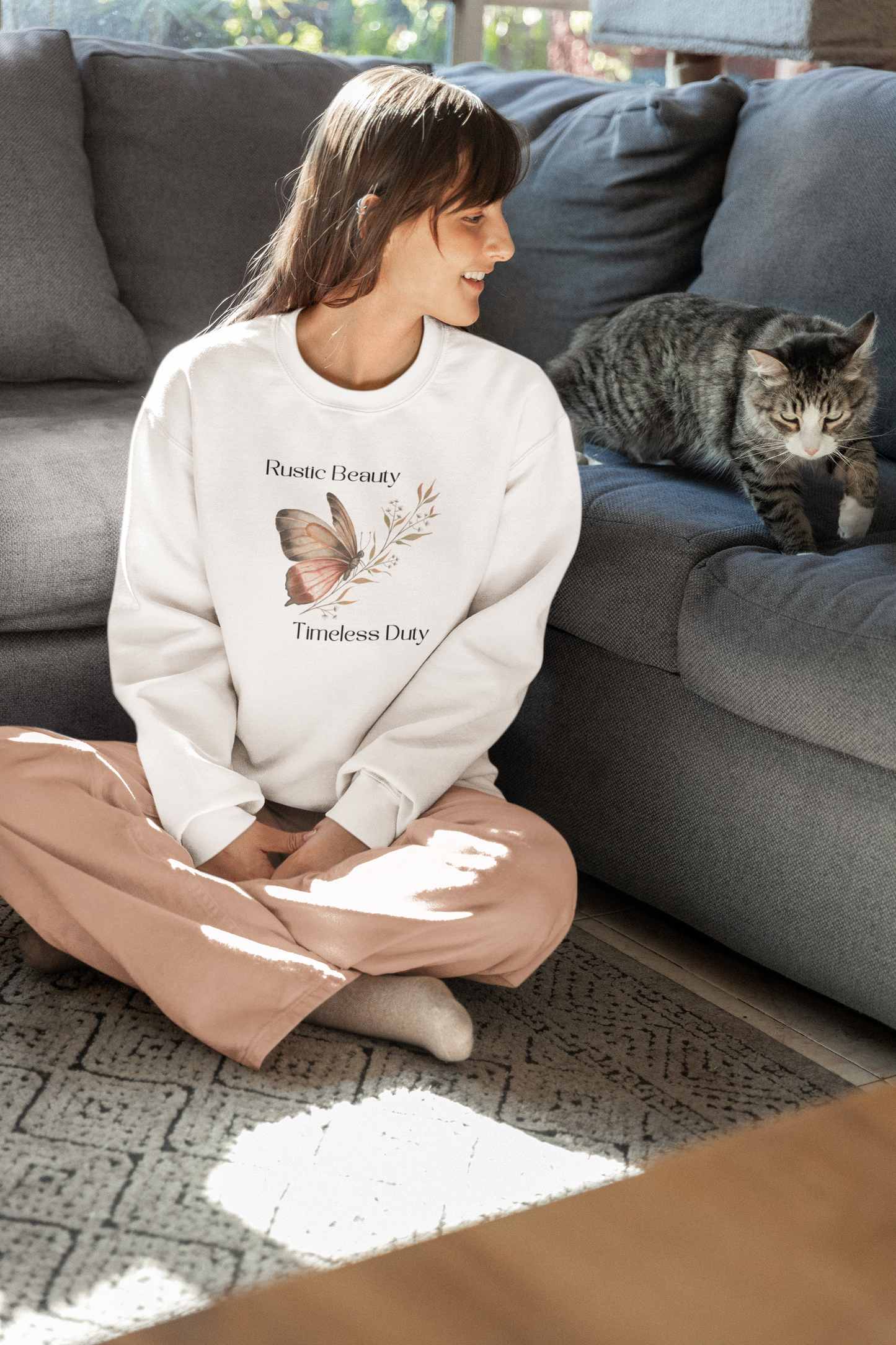 Women's White Cotton Round Neck Regular Fit Sweatshirt | Full Sleeves and Butterfly Printed