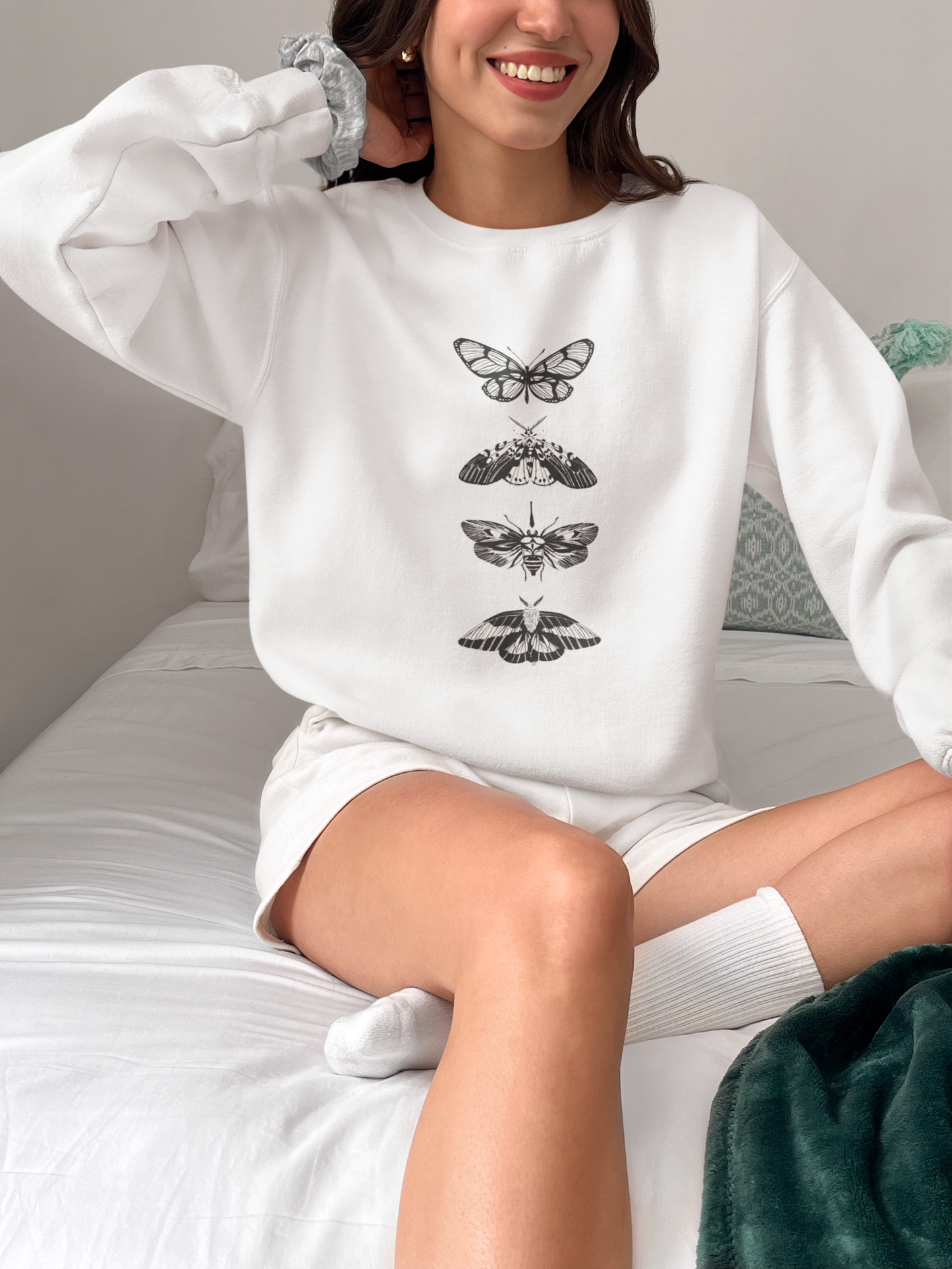 Women's Boyfriend/Loose Fit Full Sleeve Drop Shoulder Round Neck Butterfly Printed Sweatshirt - White
