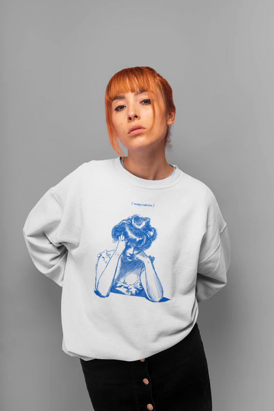 Women's White Imagination Girl Printed Oversized Sweatshirt