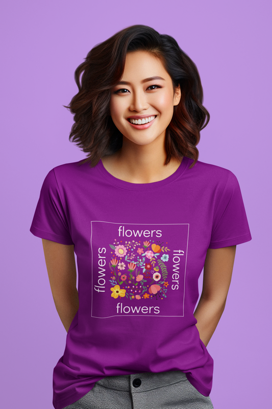 Women's Regular Fit T-Shirt with Flower Design - Black, Maroon, Purple, NavyBlue