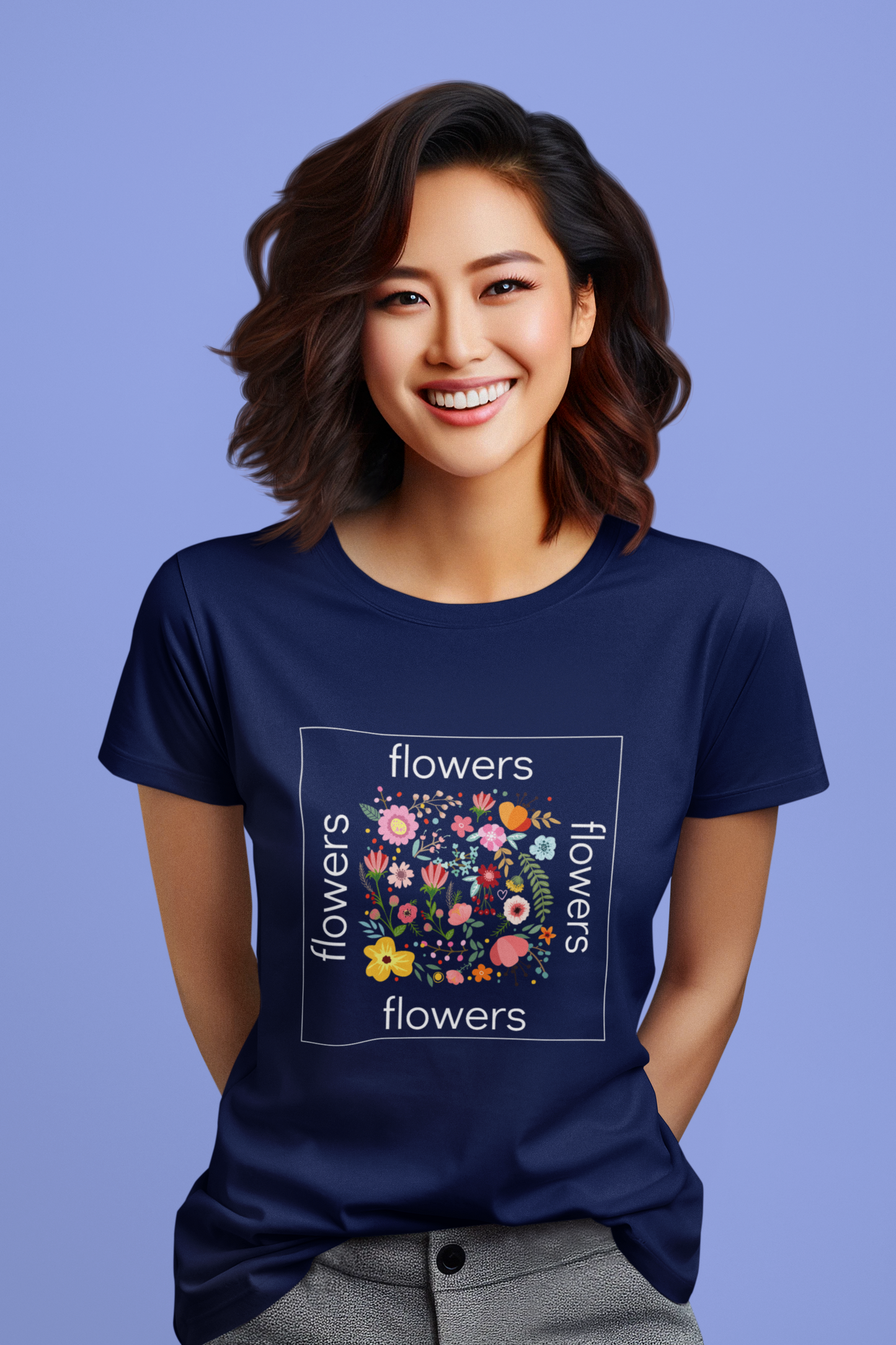 Women's Regular Fit T-Shirt with Flower Design - Black, Maroon, Purple, NavyBlue
