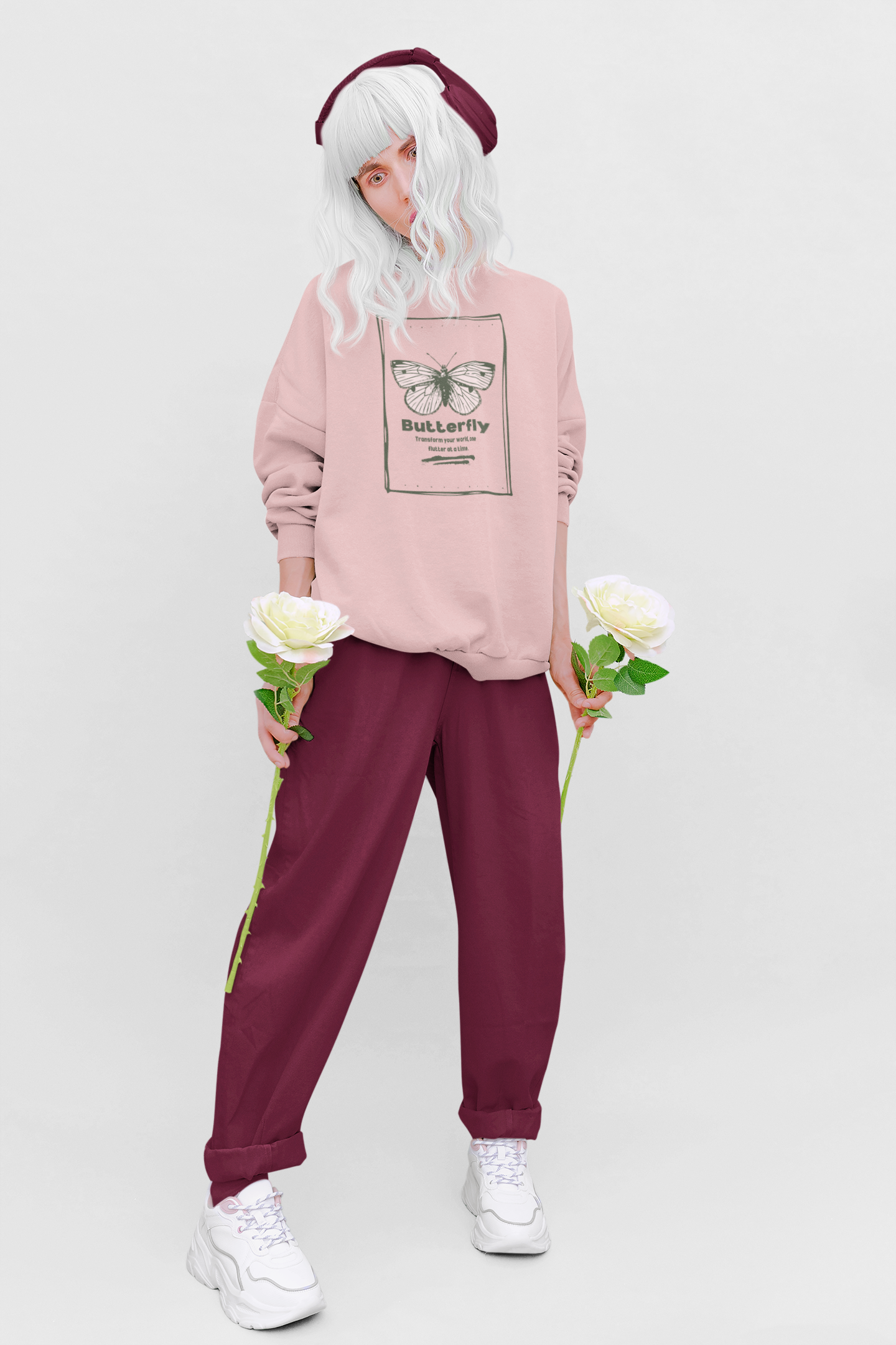 Women's Butterfly Graphic Printed Oversized Sweatshirt - BabyPink, White