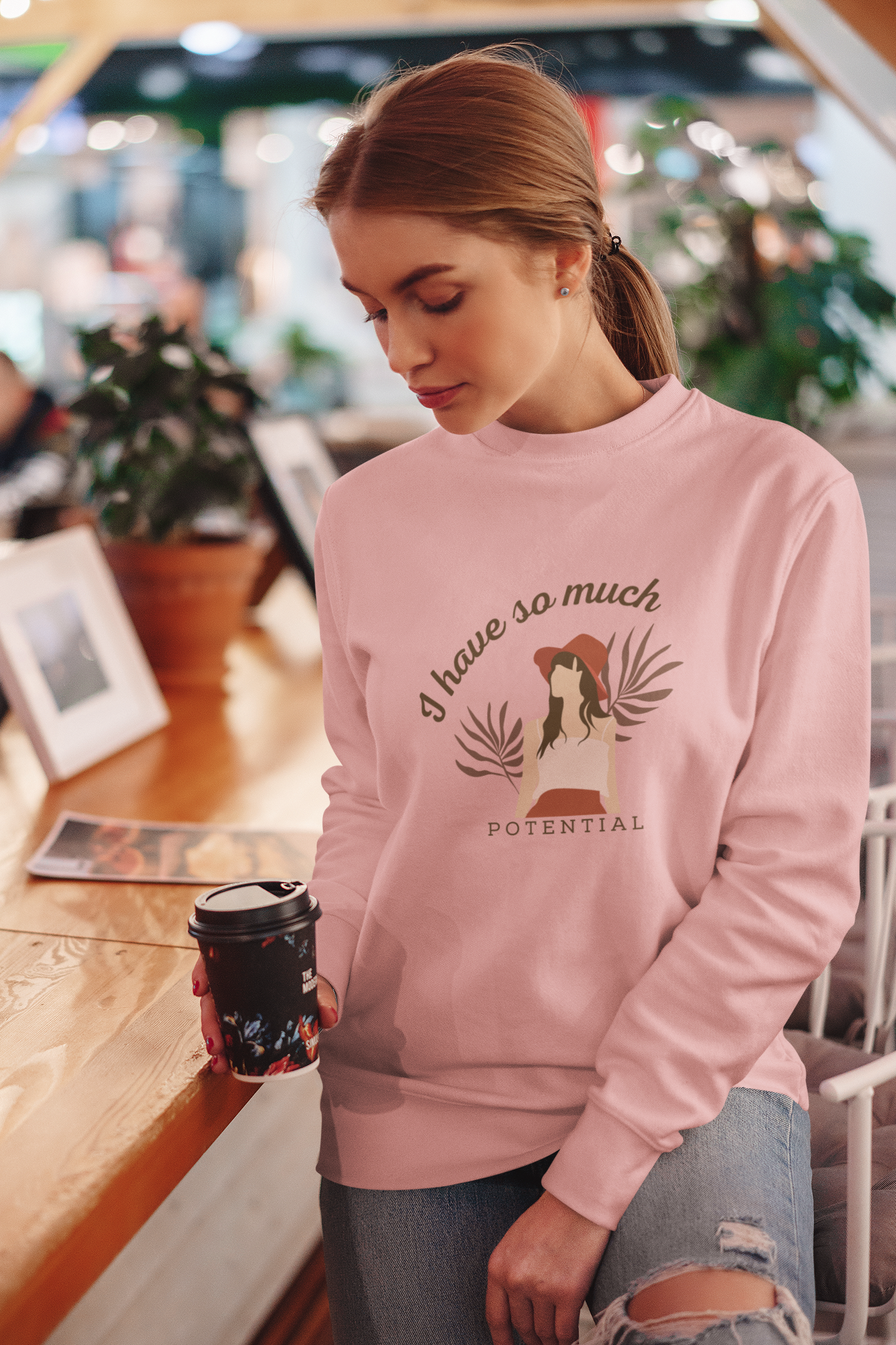 Women's Self Love Graphic Printed Cotton Blend Round Neck Regular Fit Sweatshirt - White, BabyPink