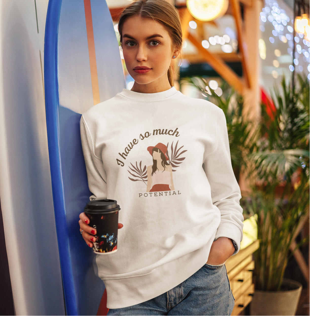 Women's Self Love Graphic Printed Cotton Blend Round Neck Regular Fit Sweatshirt - White, BabyPink