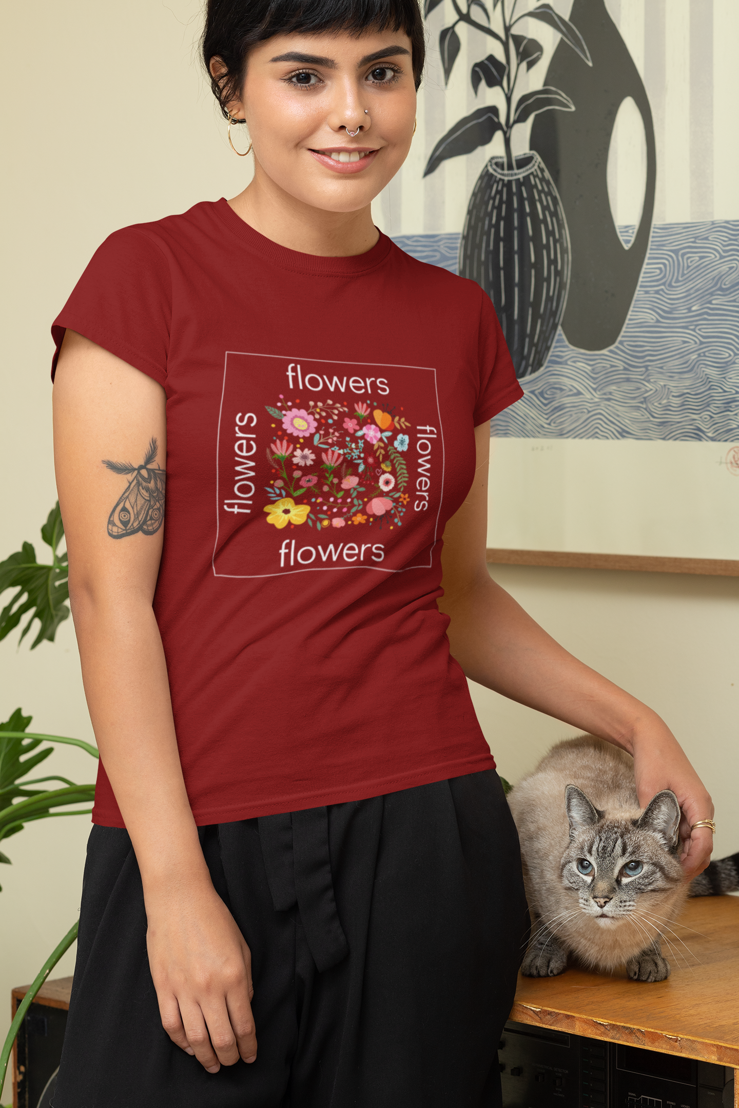 Women's Regular Fit T-Shirt with Flower Design - Black, Maroon, Purple, NavyBlue
