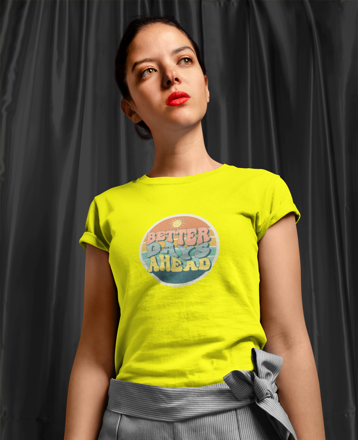 Women Printed Round Neck Cotton Blend Black T-Shirt - Black, Yellow, NavyBlue